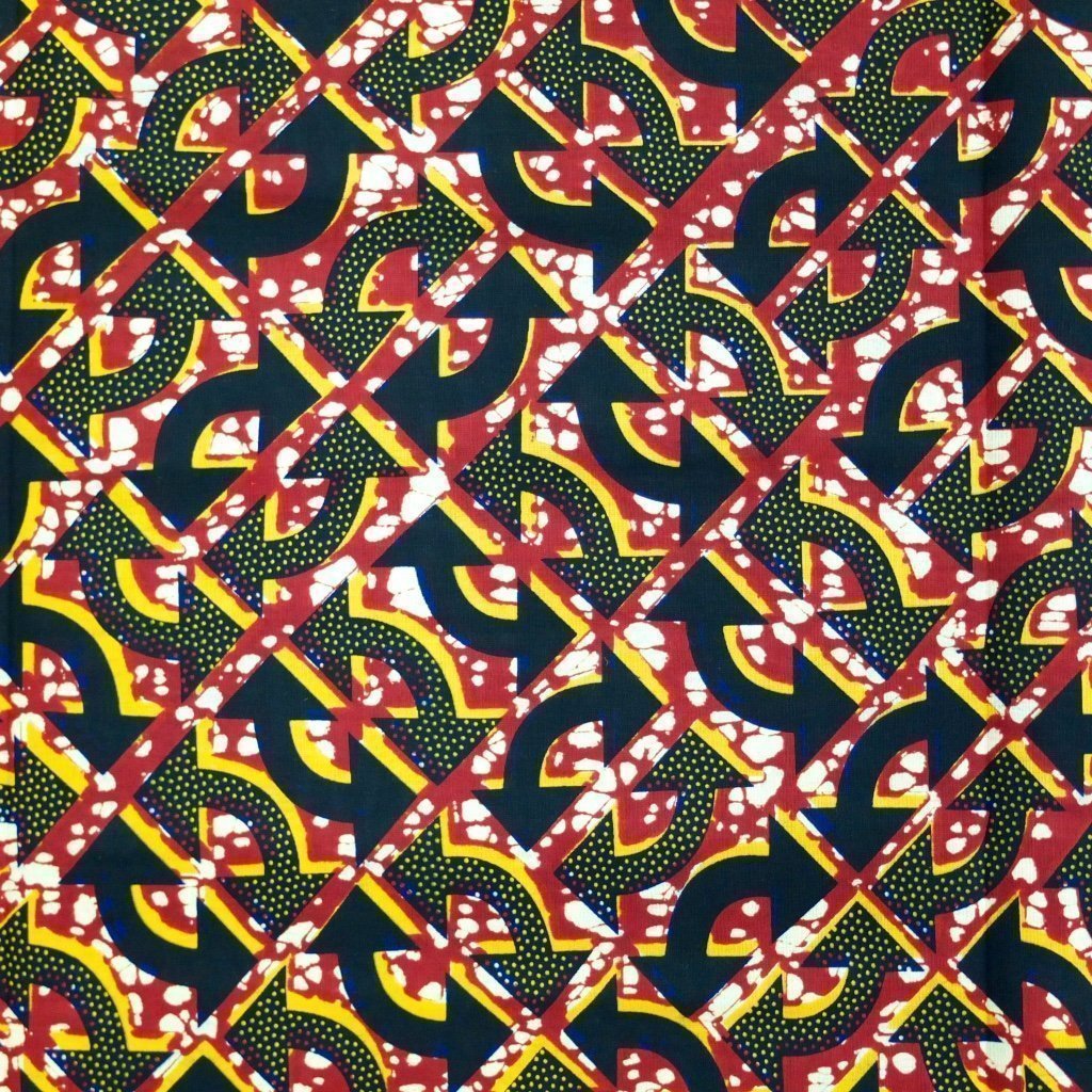Tissu Wax Africain Rouge Motifs géométriques bleus marine