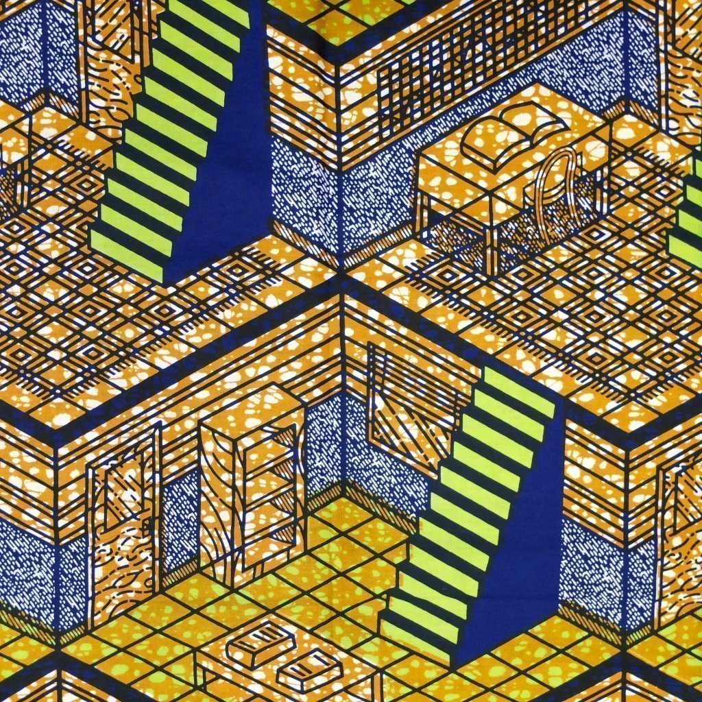 Tissu Wax Africain Marron Motifs géométriques bleus et verts