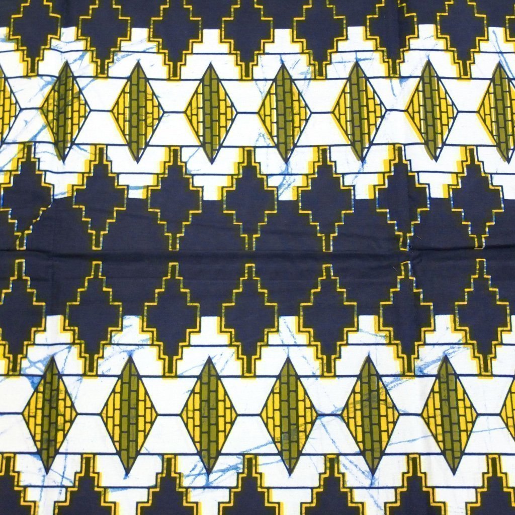 Tissu Wax Africain Bleu marine Motifs géométriques jaunes et blancs