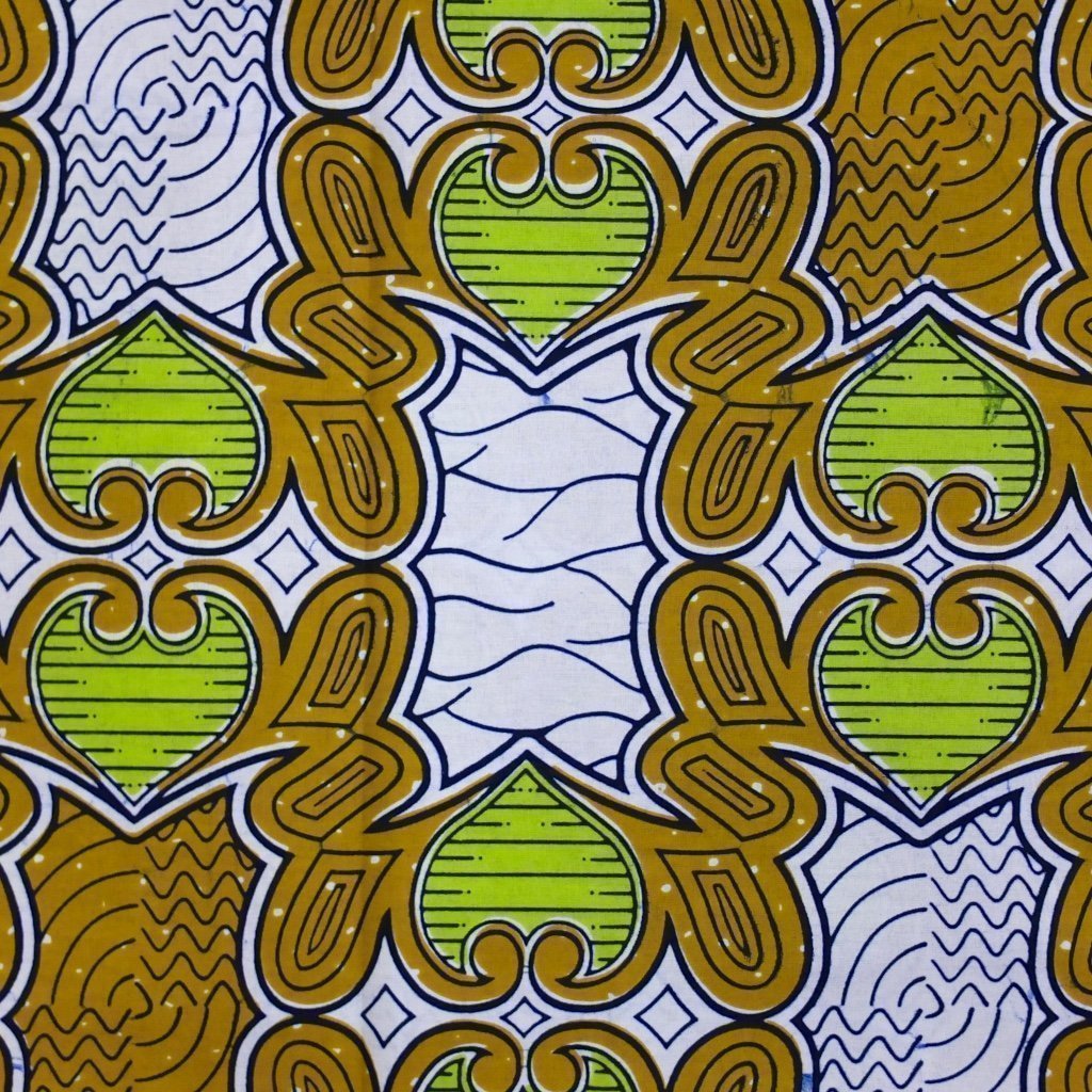Tissu Wax Africain Marron et blanc Cœurs verts