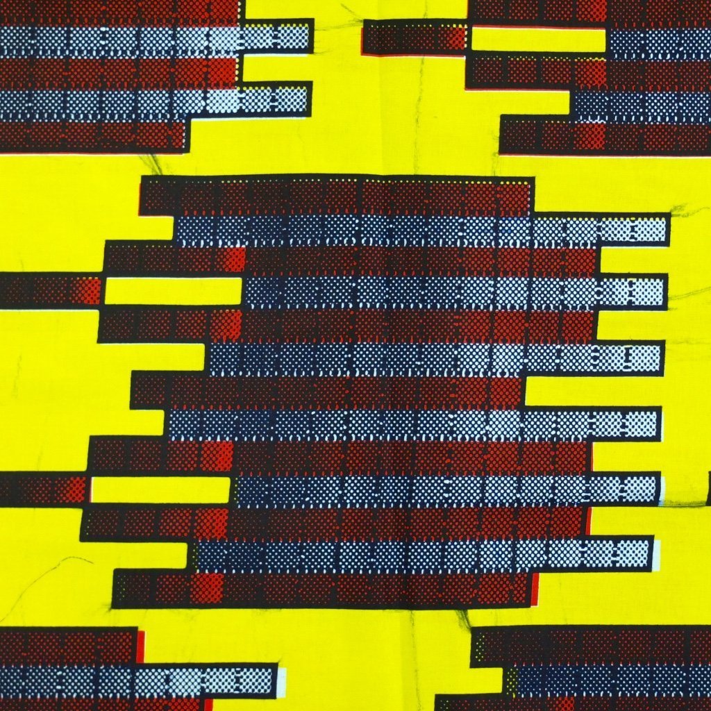 Tissu Wax Africain Bleu marine et rouge Motifs géométriques jaunes