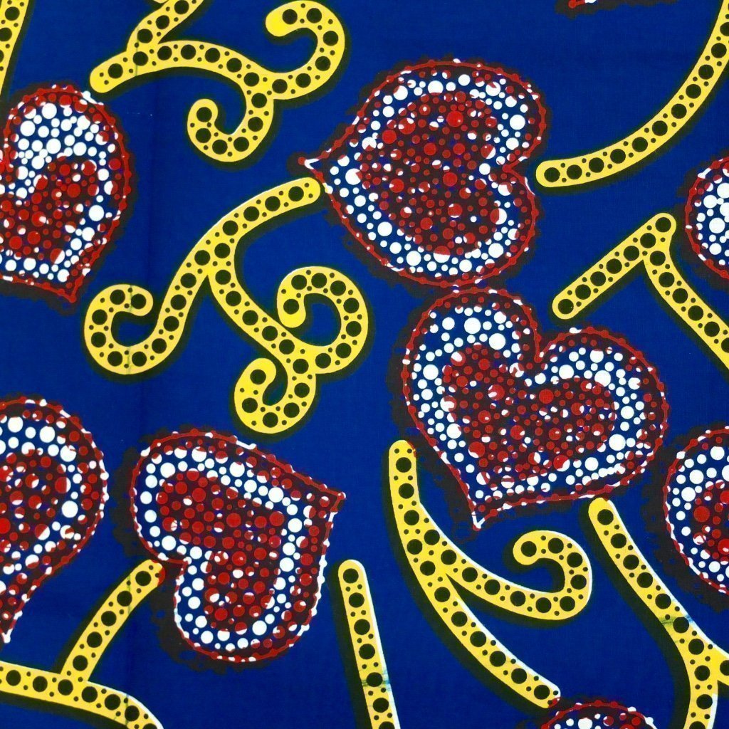 Tissu Wax Africain Bleu marine Cœurs rouges et blancs