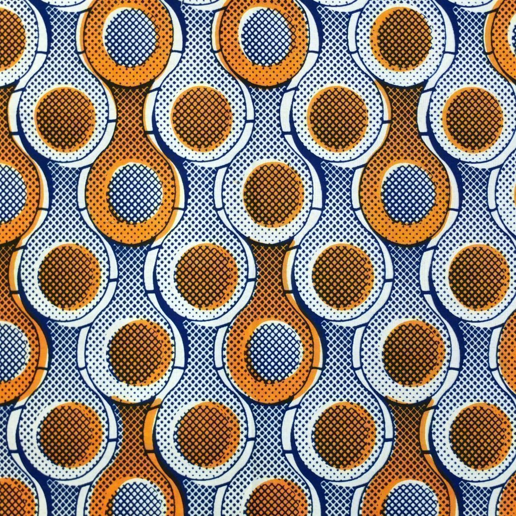 Tissu Wax Africain Bleu marine et blanc Motifs géométriques oranges
