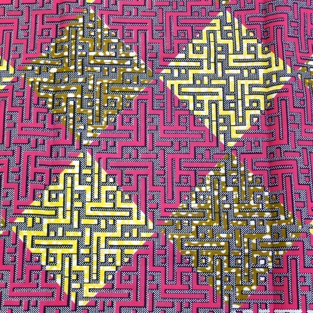 Tissu Wax Africain Rose fuchsia Motifs géométriques marrons et jaunes