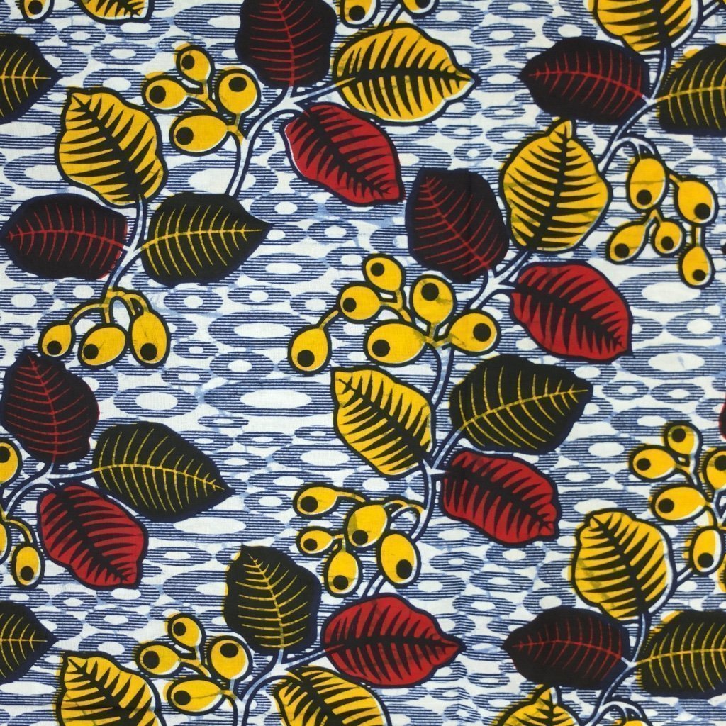 Tissu Wax Africain Blanc et bleu Feuilles rouges et jaunes