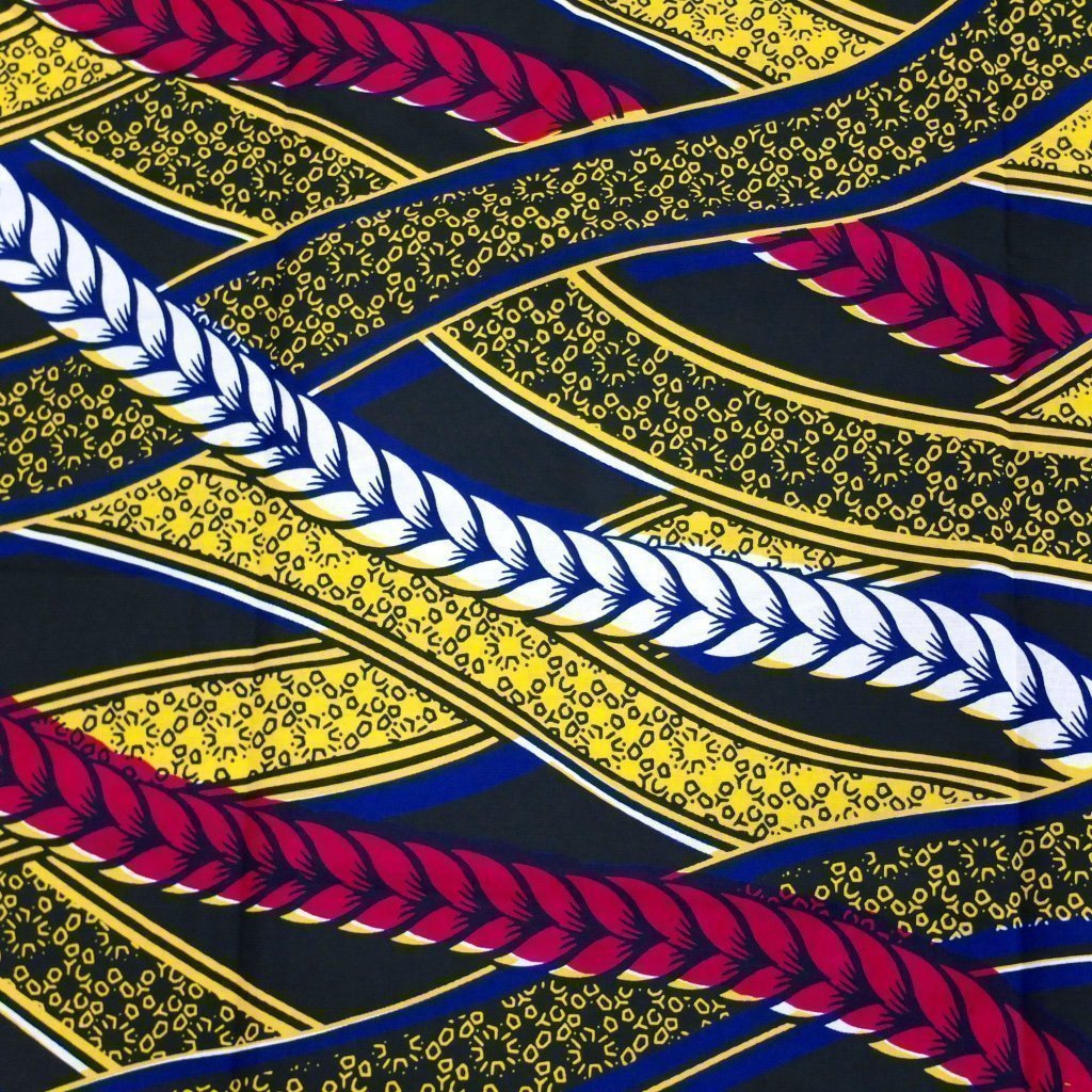 Tissu Wax Africain Bleu marine Motifs géométriques jaunes et roses