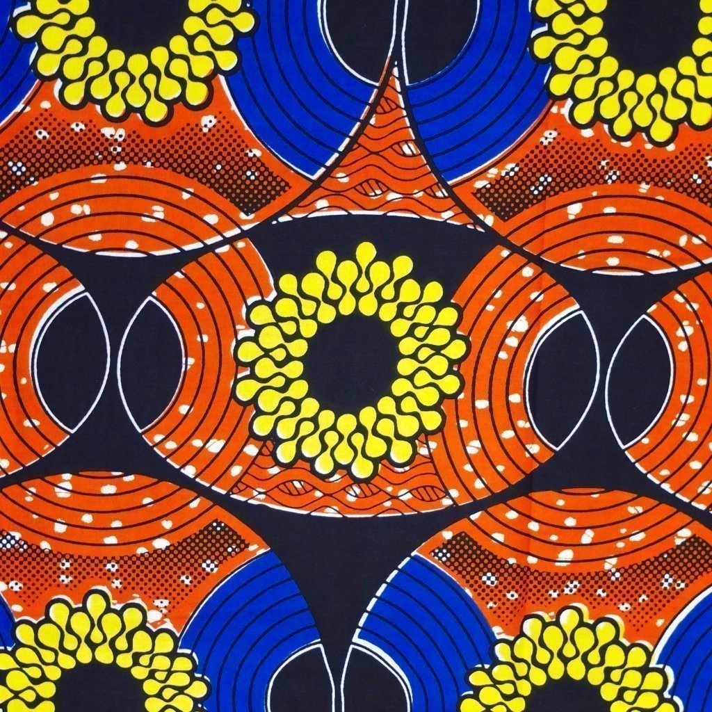 Tissu Wax Africain Bleu marine Motifs géométriques jaunes et oranges