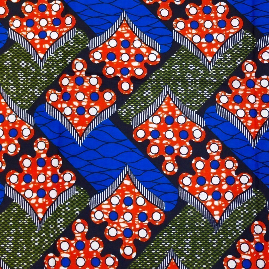 Tissu Wax Africain Bleu marine Feuilles rouges