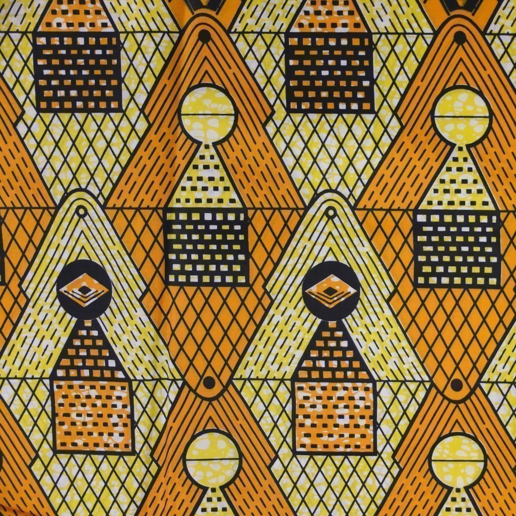 Tissu Wax Africain Jaune Motifs géométriques noirs