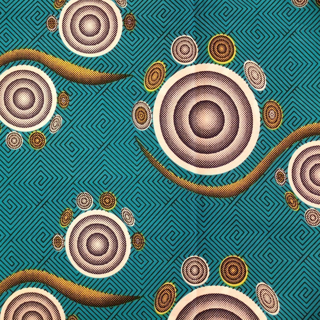 Tissu Wax Africain Bleu turquoise Motifs géométriques jaunes et blancs