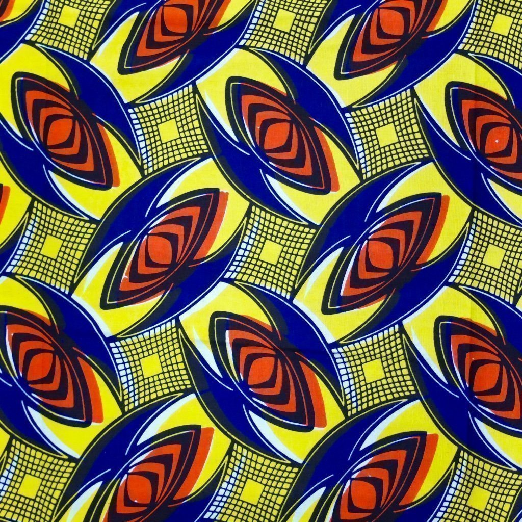 Tissu Wax Africain Jaune Motifs géométriques bleus et oranges