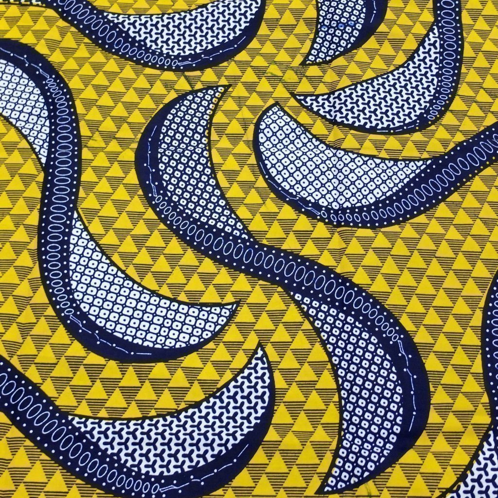 Tissu Wax Africain Jaune Motifs géométriques bleus et blancs