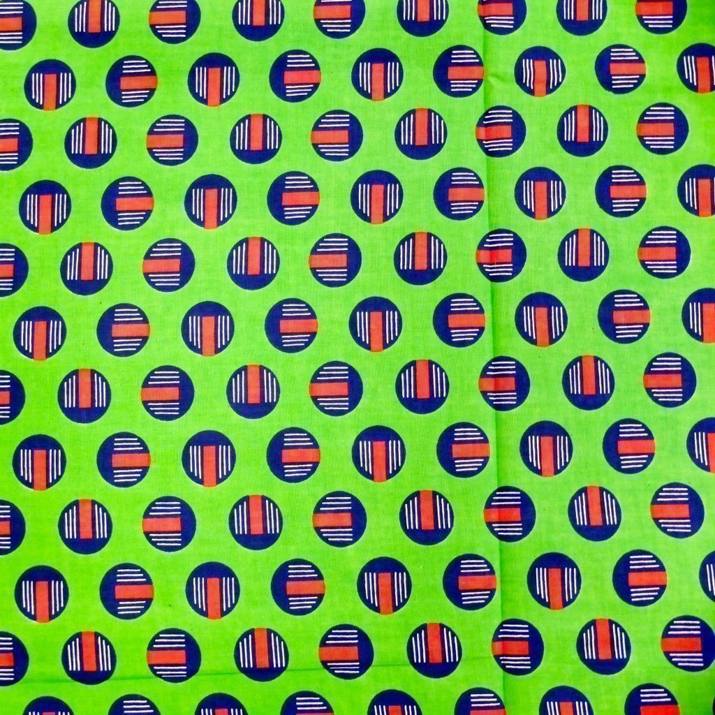 Tissu Wax Africain Vert Motifs géométriques bleus et rouges