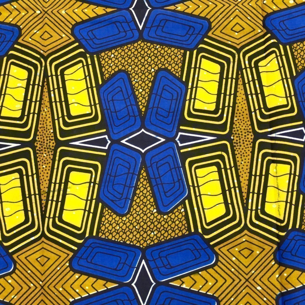 Tissu Wax Africain Marron Motifs géométriques bleus et jaunes