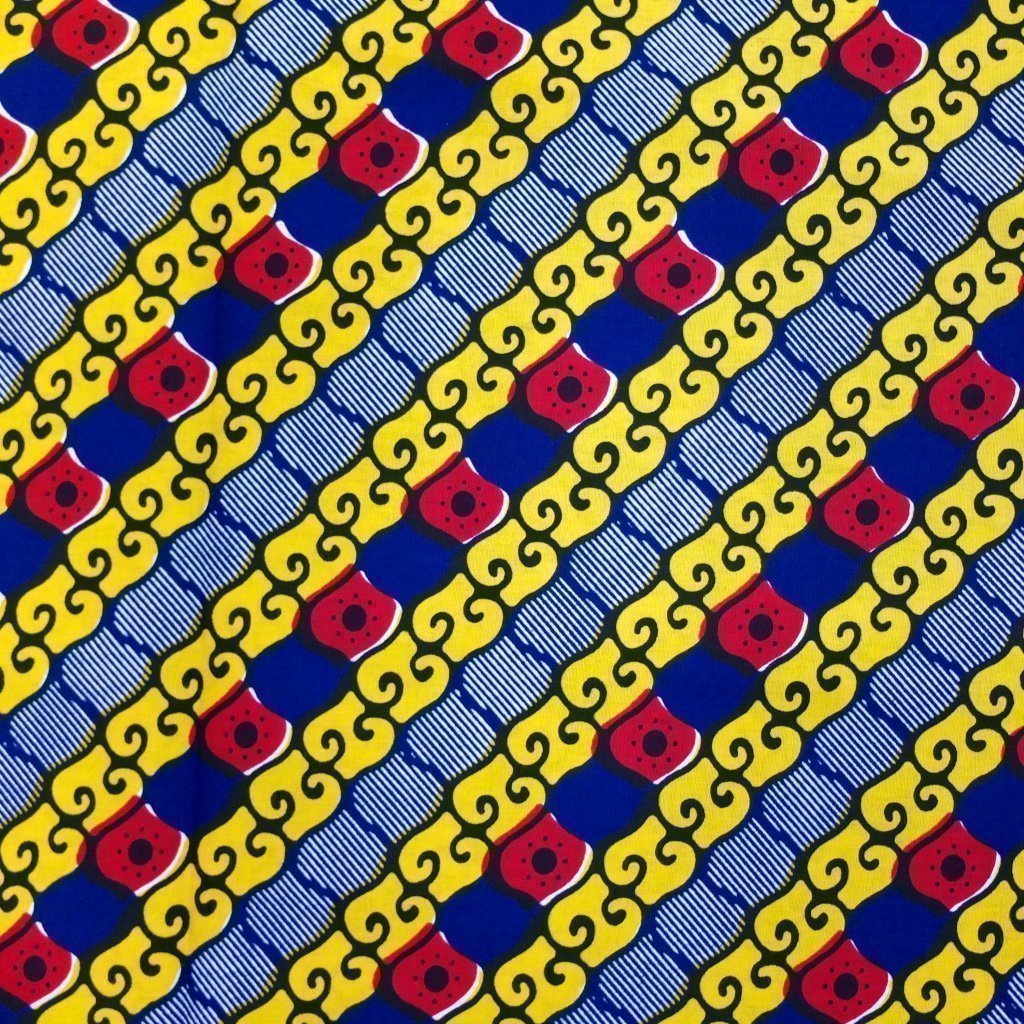 Tissu Wax Africain Bleu marine Motifs géométriques jaunes et rouges