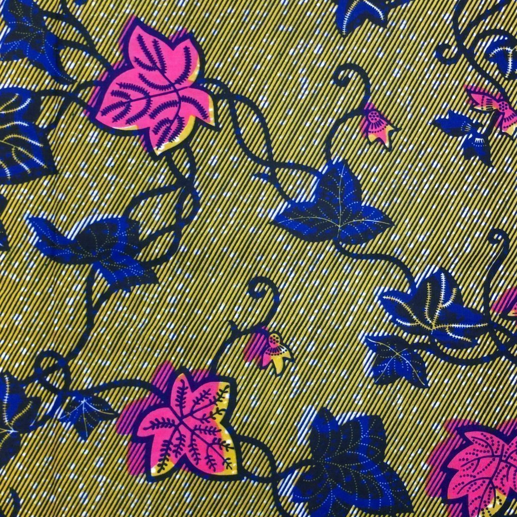 Tissu Wax Africain Jaune Feuilles roses et bleues