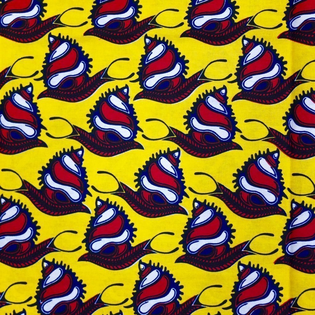 Tissu Wax Africain Jaune Escargots bleus, blancs, rouges