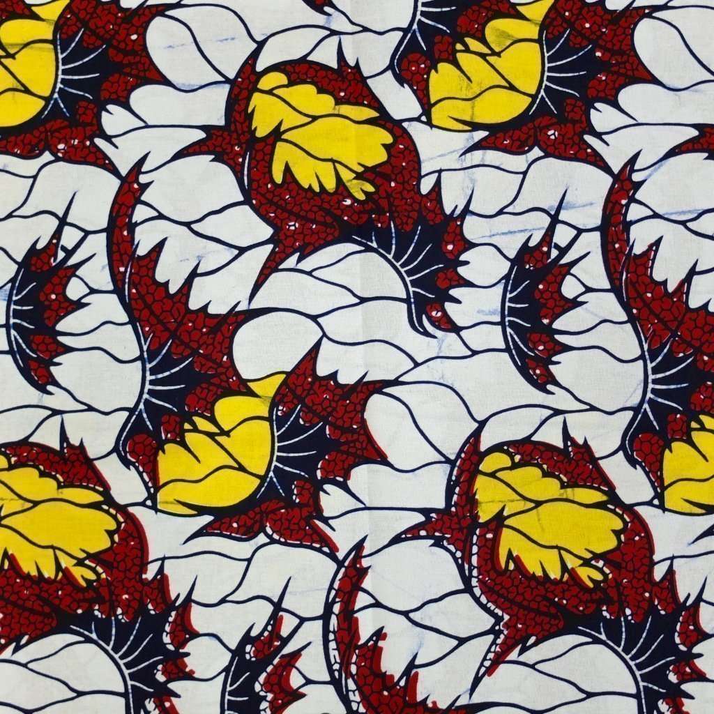 Tissu Wax Africain Blanc Fleurs rouges et jaunes
