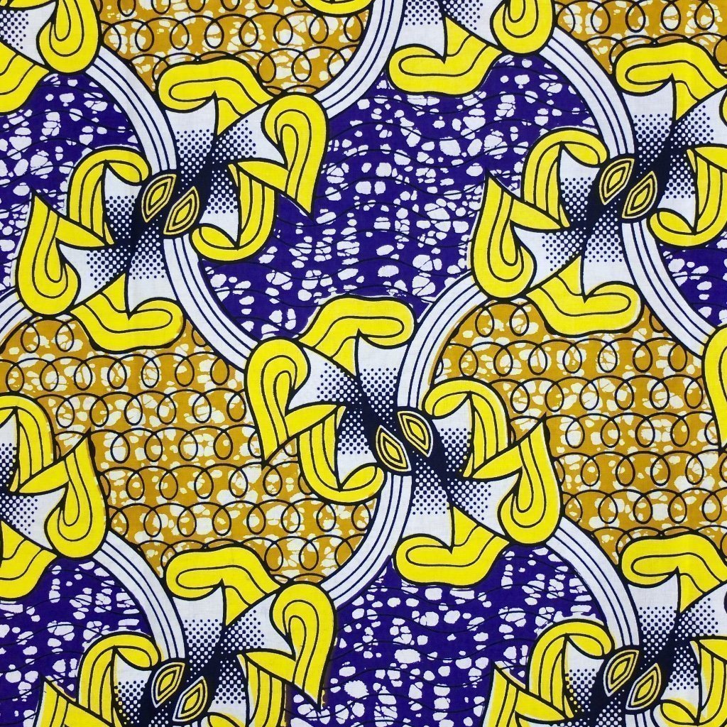 Tissu Wax Africain Marron et violet Motifs géométriques jaunes et blancs
