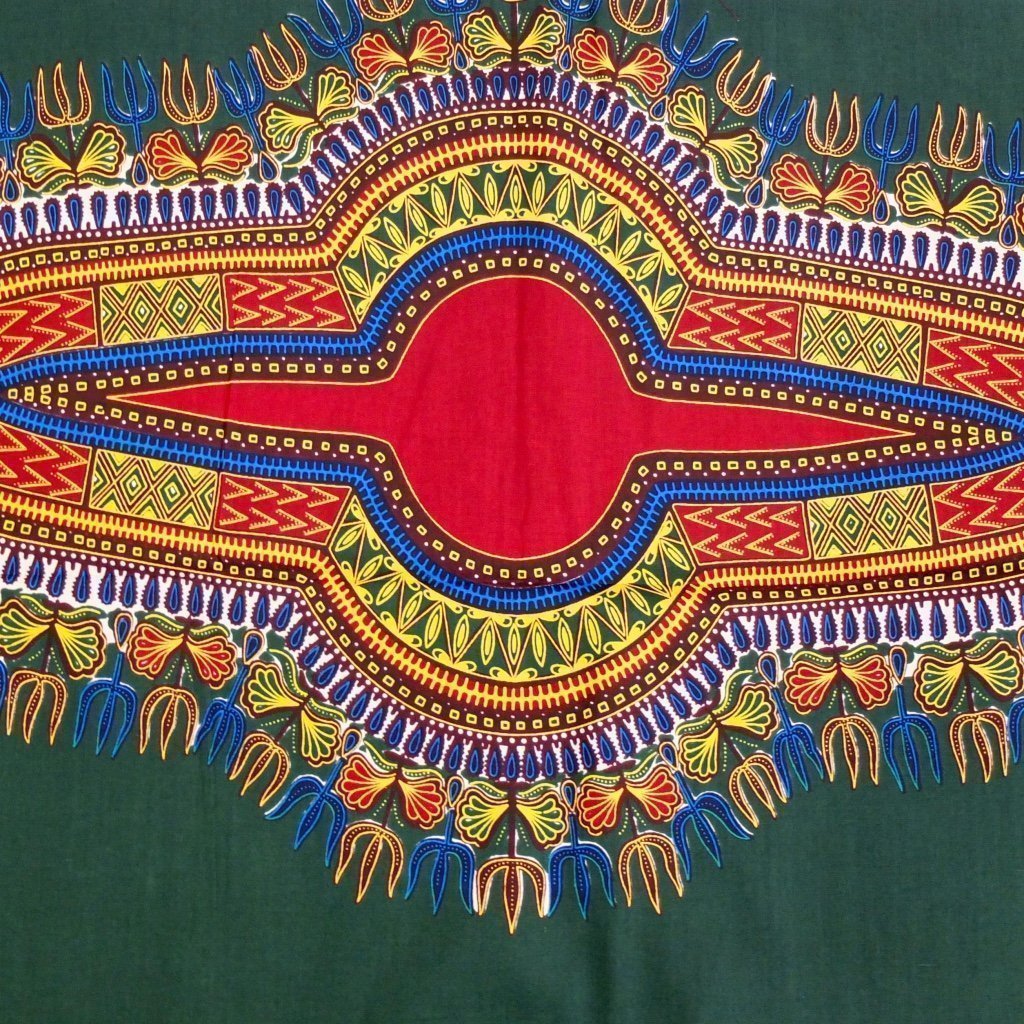 Tissu Wax Africain Vert bouteille Motifs géométriques multicolores