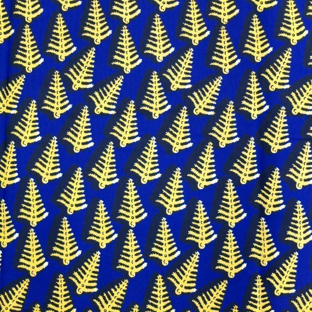 Tissu Wax Africain Bleu marine Feuilles jaunes
