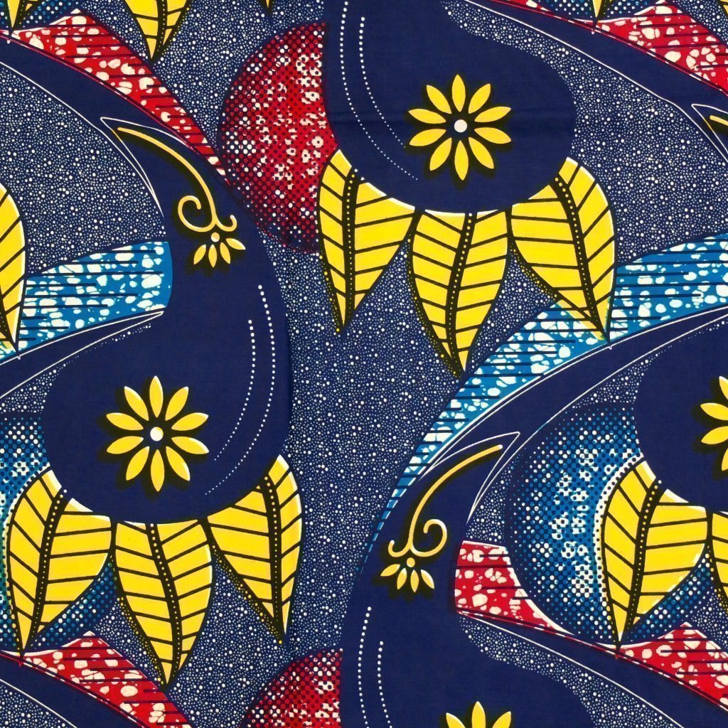 Tissu Wax Africain Bleu marine Motifs géométriques jaunes et roses