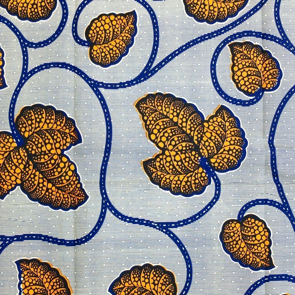 Tissu Wax Africain Blanc cassé Feuilles oranges et bleues