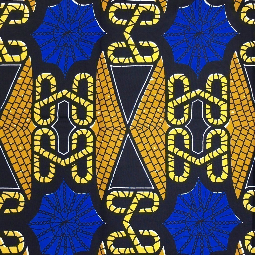 Tissu Wax Africain Bleu marine Motifs géométriques jaunes, marrons et bleus