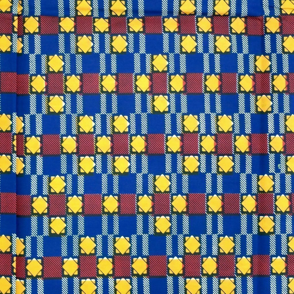 Tissu Wax Africain Bleu marine Carrés jaunes et rouges