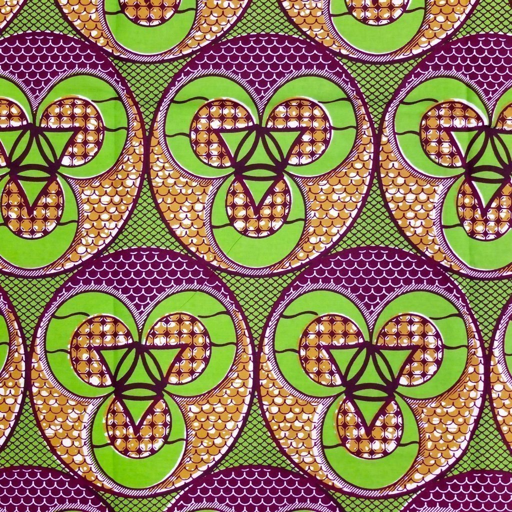 Tissu Wax Africain Vert pomme Motifs géométriques bordeaux et marron