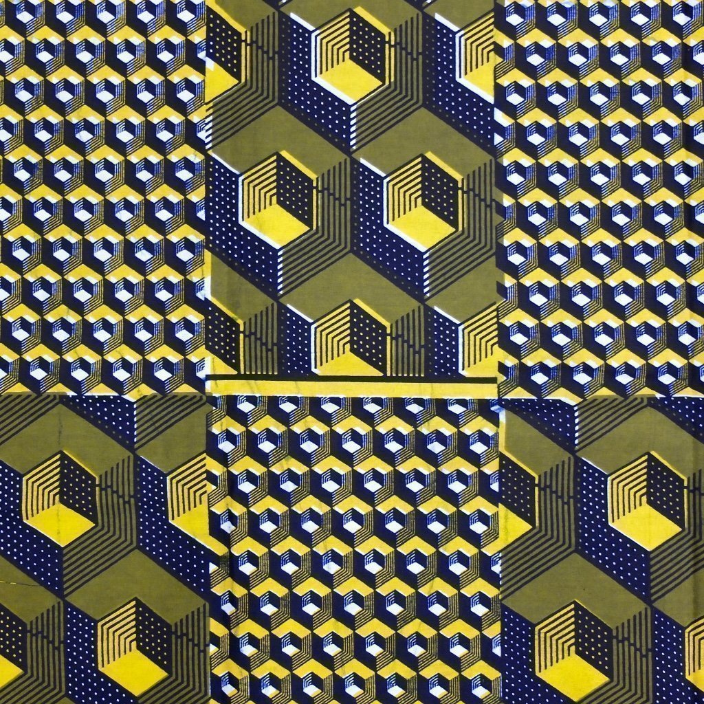 Tissu Wax Africain Bleu marine Motifs géométriques jaunes et blancs