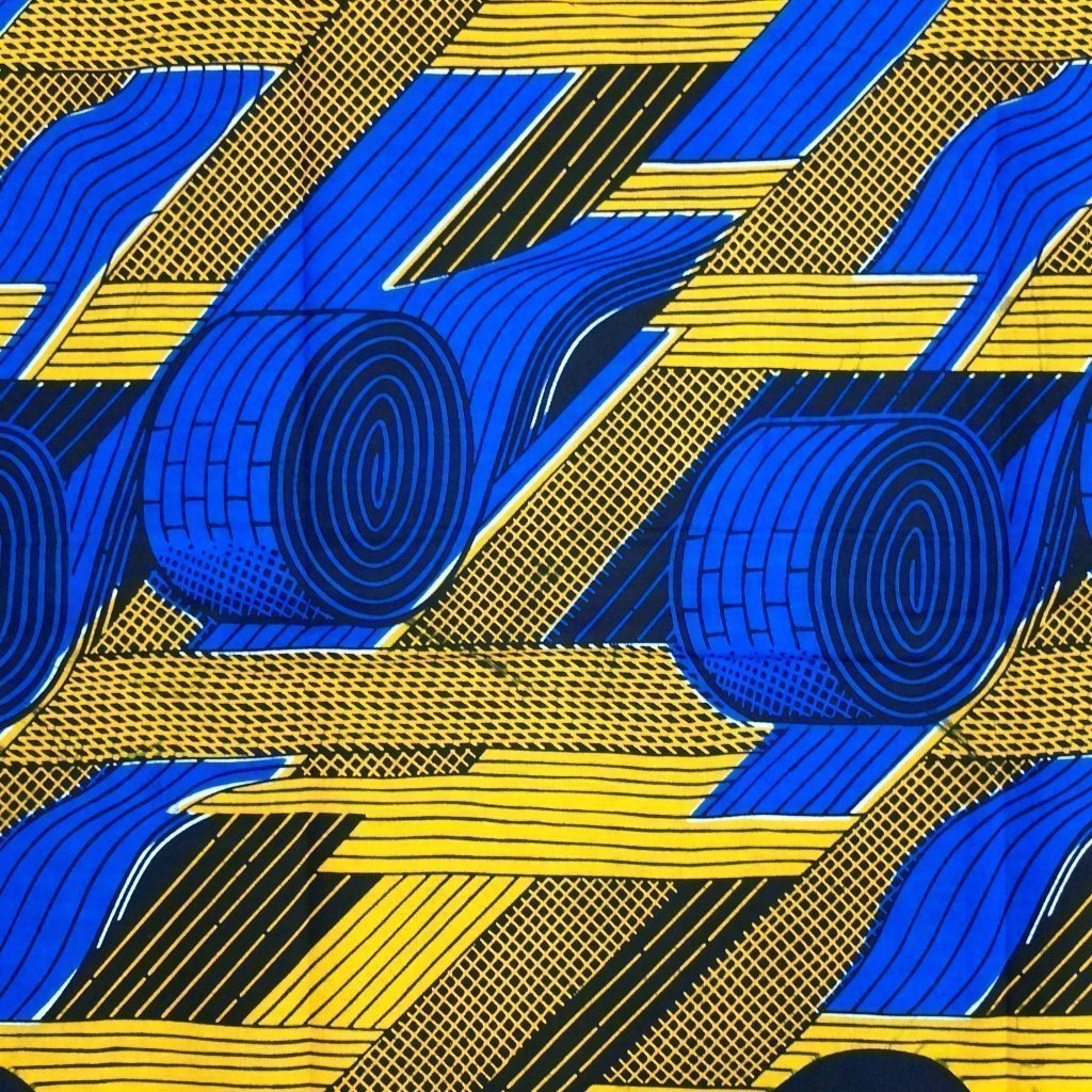 Tissu Wax Africain Bleu marine Motifs géométriques oranges et bleus
