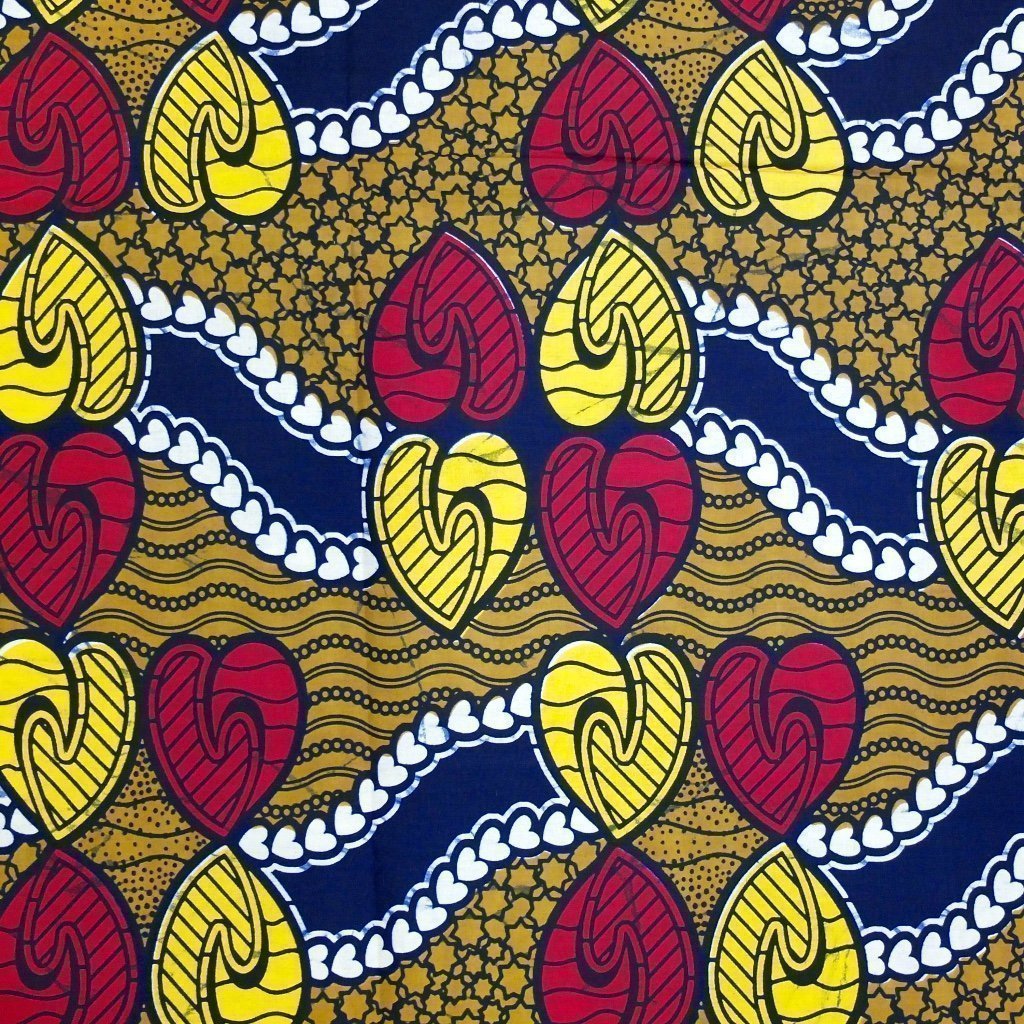 Tissu Wax Africain Bleu marine et marron Cœurs jaunes, rouges et blancs