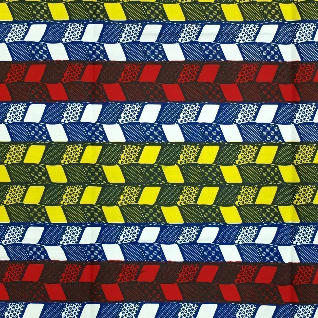 Tissu Wax Africain Bleu marine Motifs géométriques jaunes, rouges et blancs