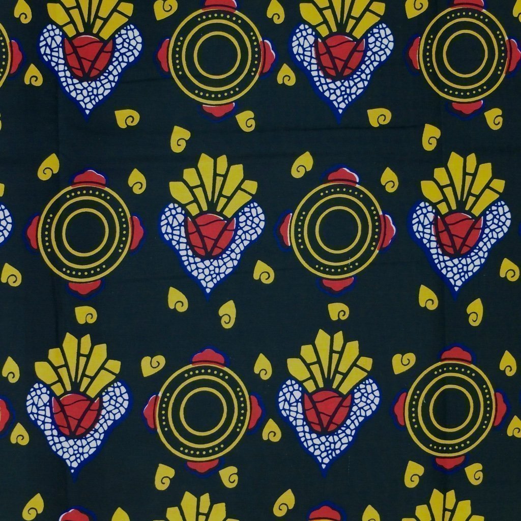 Tissu Wax Africain Noir Motifs géométriques bleus, jaunes, rouges et blancs
