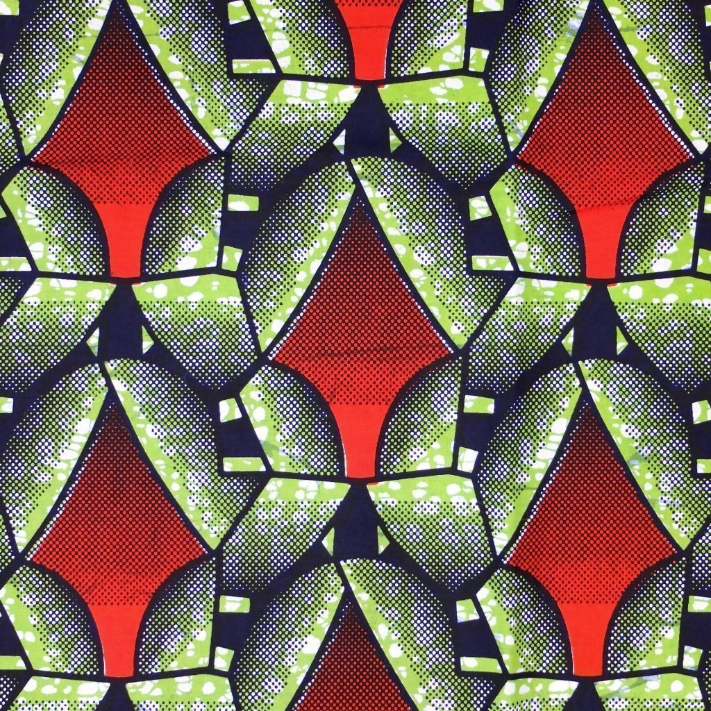 Tissu Wax Africain Bleu marine Motifs géométriques rouges, verts et blancs