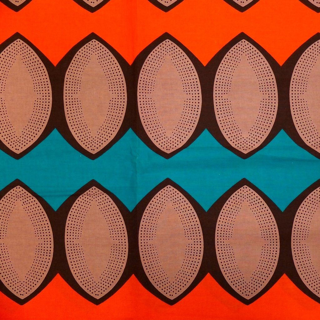 Tissu Wax Africain Turquoise et orange Motifs géométriques lis de vin et rose