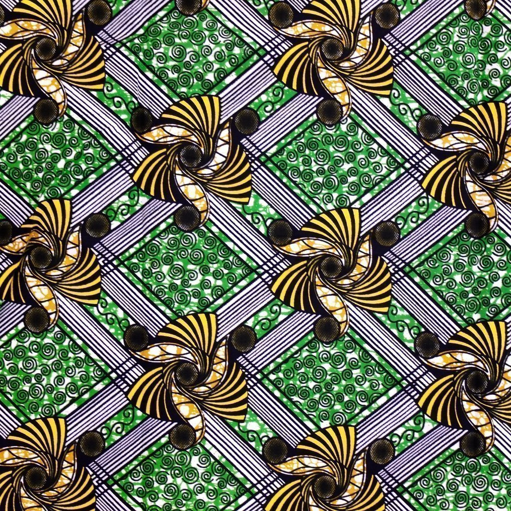 Tissu Wax Africain Vert et blanc Motifs géométriques bleus, jaunes et blancs