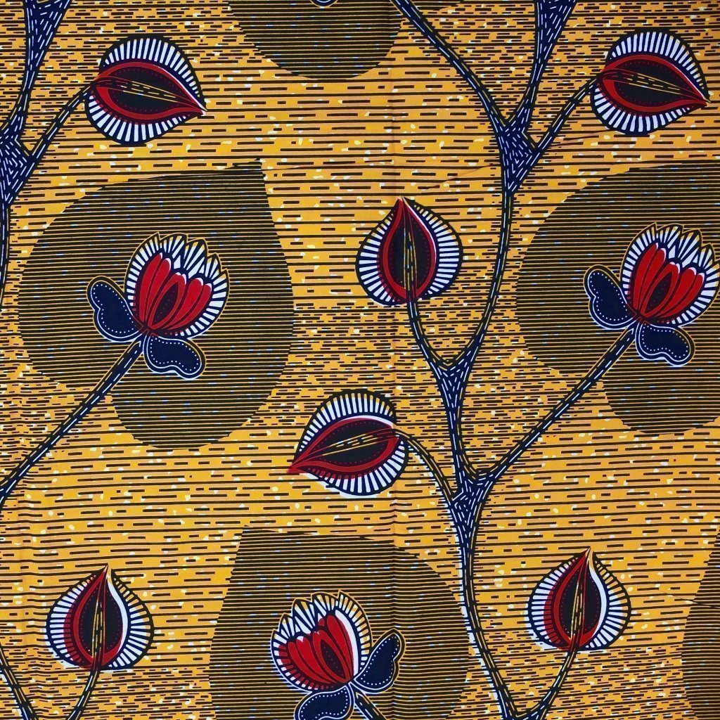 Tissu Wax Africain Jaune Fleurs bleues et rouges