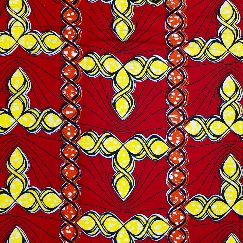 Tissu Wax Africain Rouge Motifs géométriques jaunes et oranges