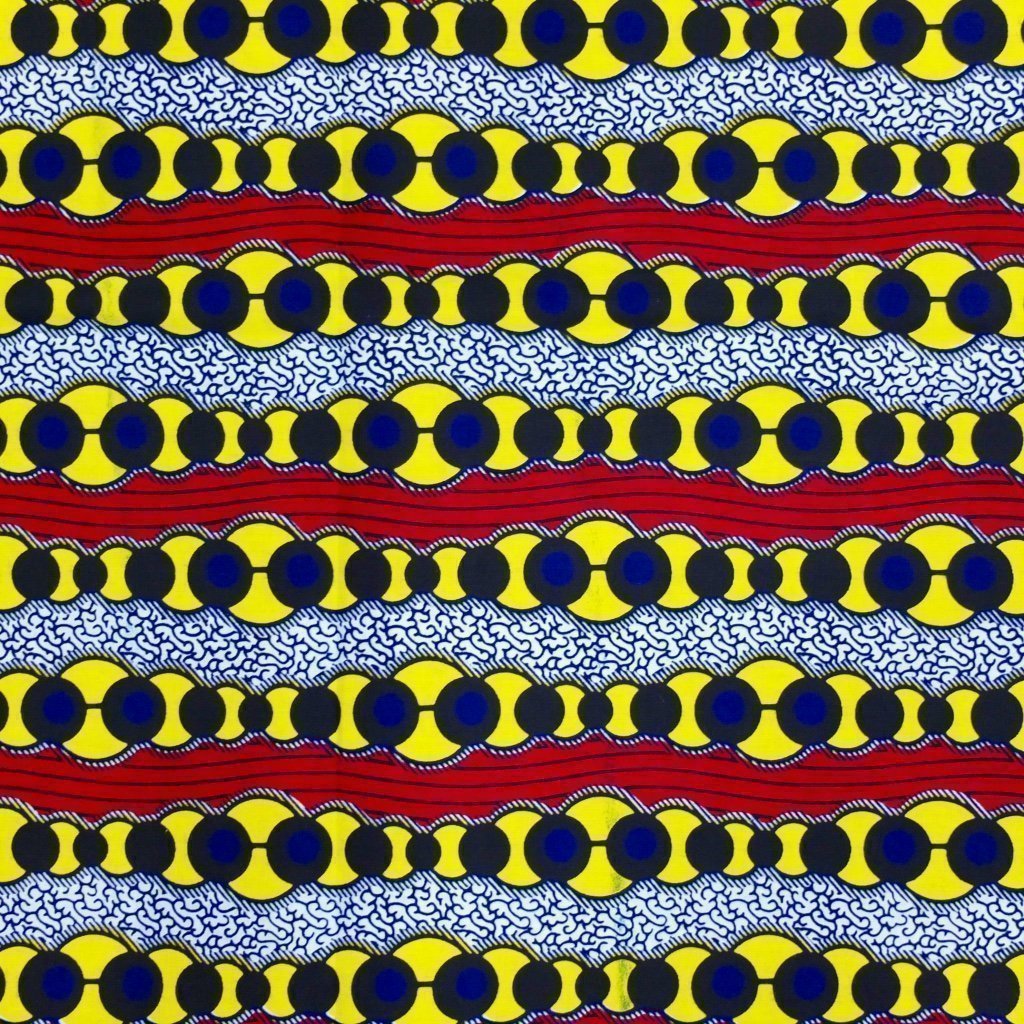 Tissu Wax Africain Rouge et blanc Ronds jaunes et bleus