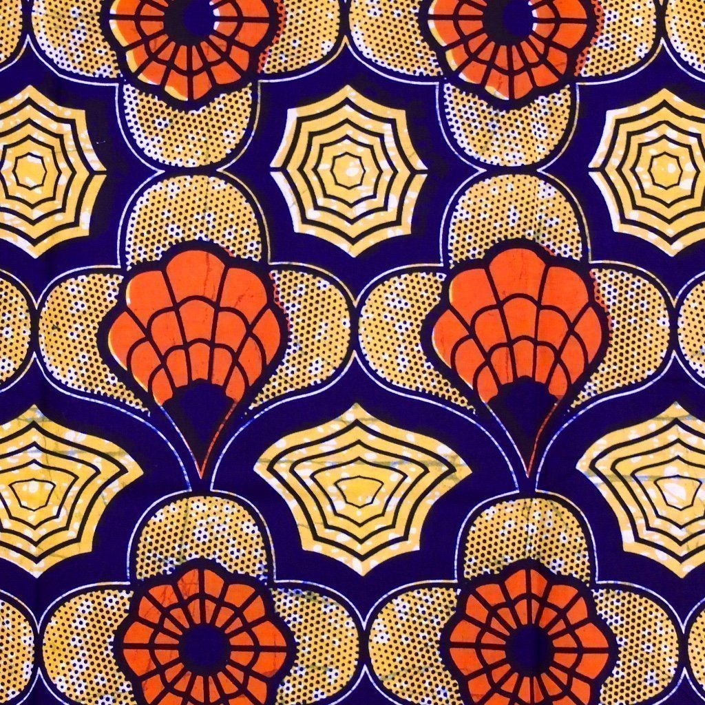 Tissu Wax Africain Bleu marine Motifs géométriques oranges et jaunes
