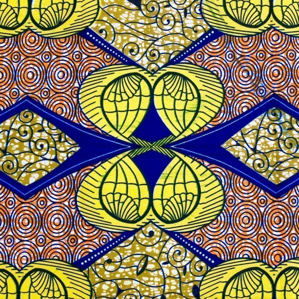 Tissu Wax Africain Marron Motifs géométriques jaunes et oranges