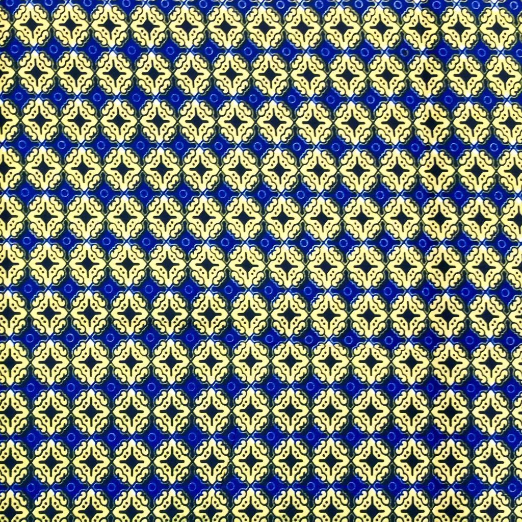 Tissu Wax Africain Bleu marine Motifs géométriques jaunes