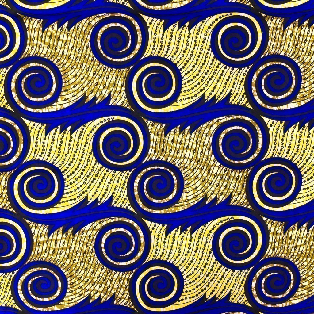 Tissu Wax Africain n°69 Jaune et marron Motifs géométriques bleus