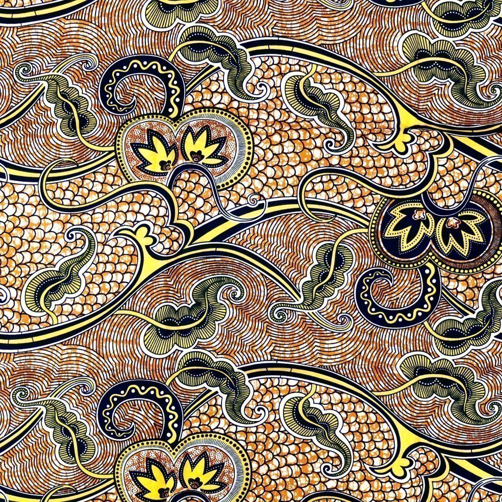 Tissu Wax Africain n°70 Orange Fleurs jaunes et bleues marine