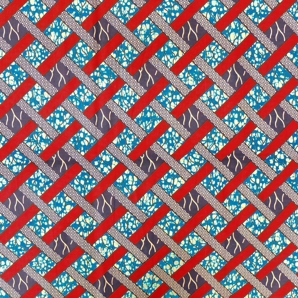 Tissu Wax Africain n°74 Bleu turquoise Motifs géométriques roses fuchsia et bleus marine