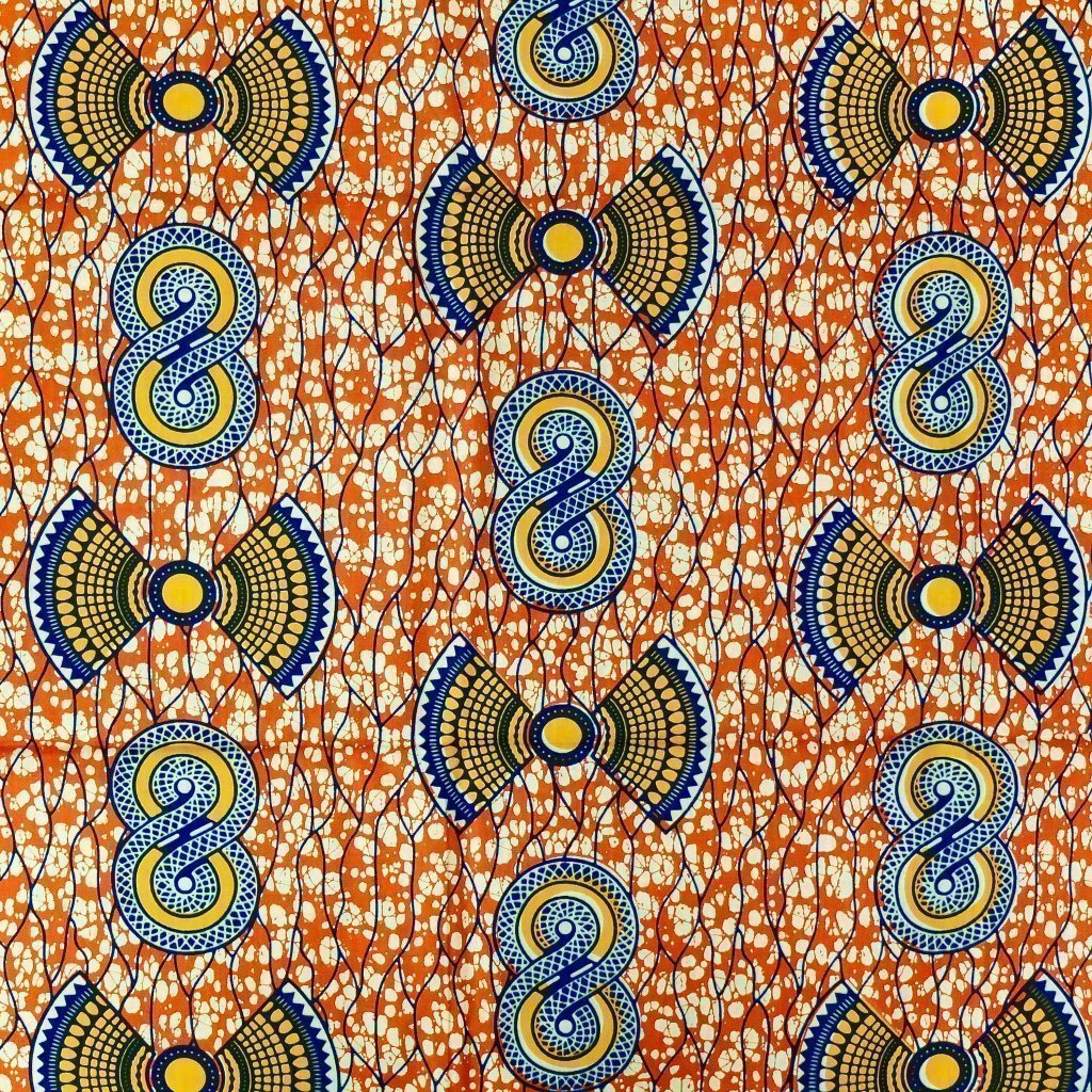 Tissu Wax Africain n°75 Orange Motifs géométriques jaunes et bleus