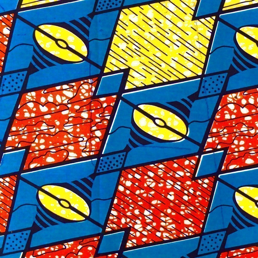 Tissu Wax Africain n°77 Turquoise Motifs géométriques jaunes et oranges