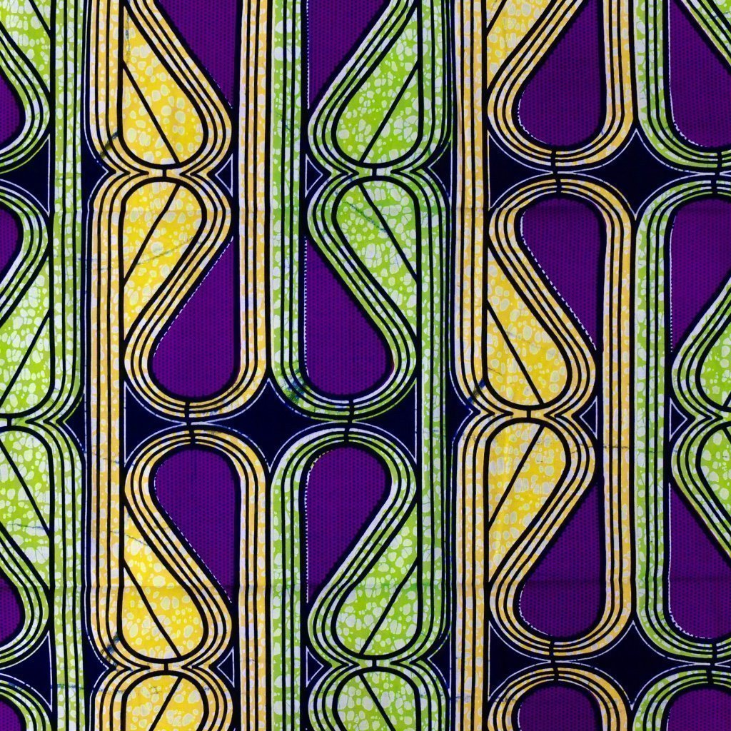 Tissu Wax Africain n°79 Bleu marine Motifs géométriques jaunes, verts et violets